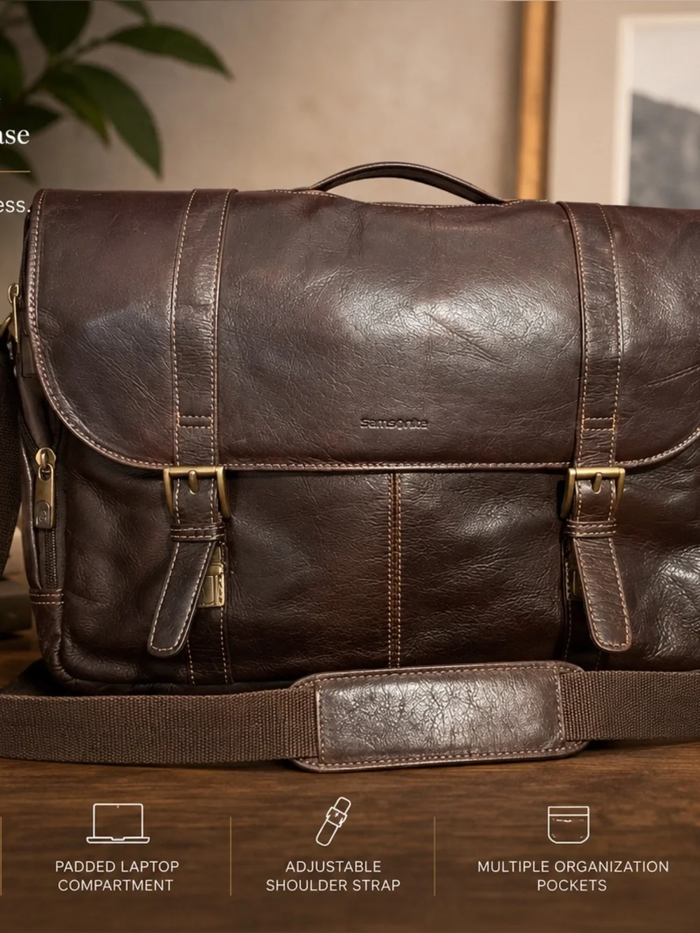 Samsonite Colombian Leather Flapover Laptop Case travel brown classic